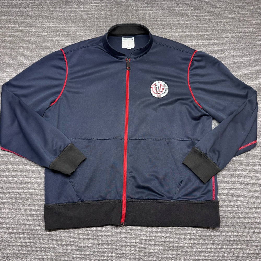 True Religion Mens Navy Blue Red Piping Track Jacket XXL Full Zip Logo 9520